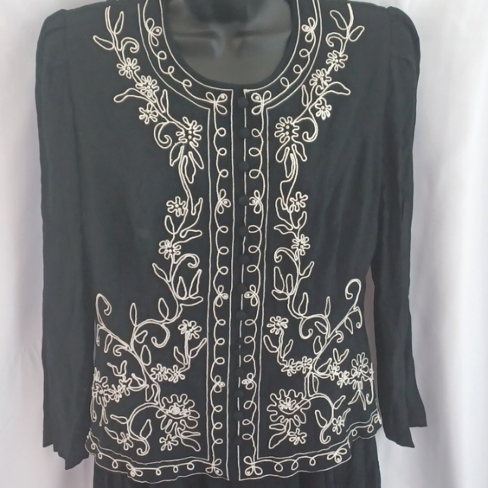 Vintage Karin Stevens Career Dress, black with white/cream embroidery,  sz 12 - Picture 2 of 8